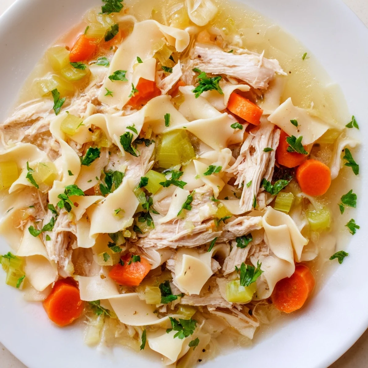 Steaming pot of Chicken Noodle Soup with Homemade Noodles, showing rich golden broth and freshly chopped parsley garnish.