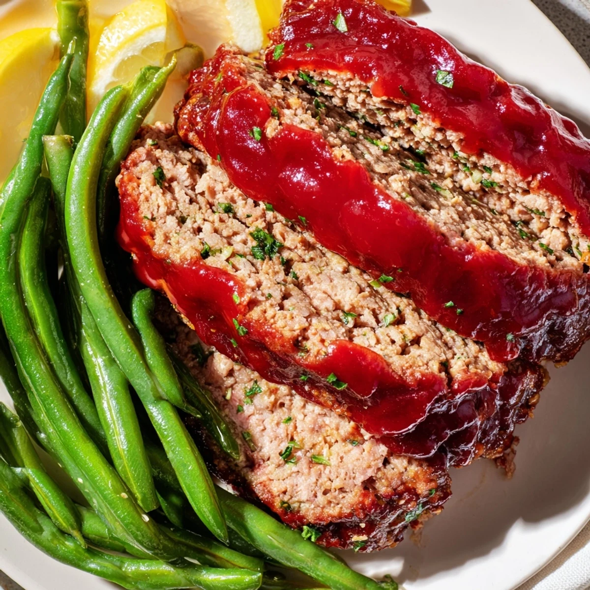 Freshly baked Turkey Meatloaf with Glaze glistens beside crisp-tender green beans, ready to serve for a wholesome American dinner.