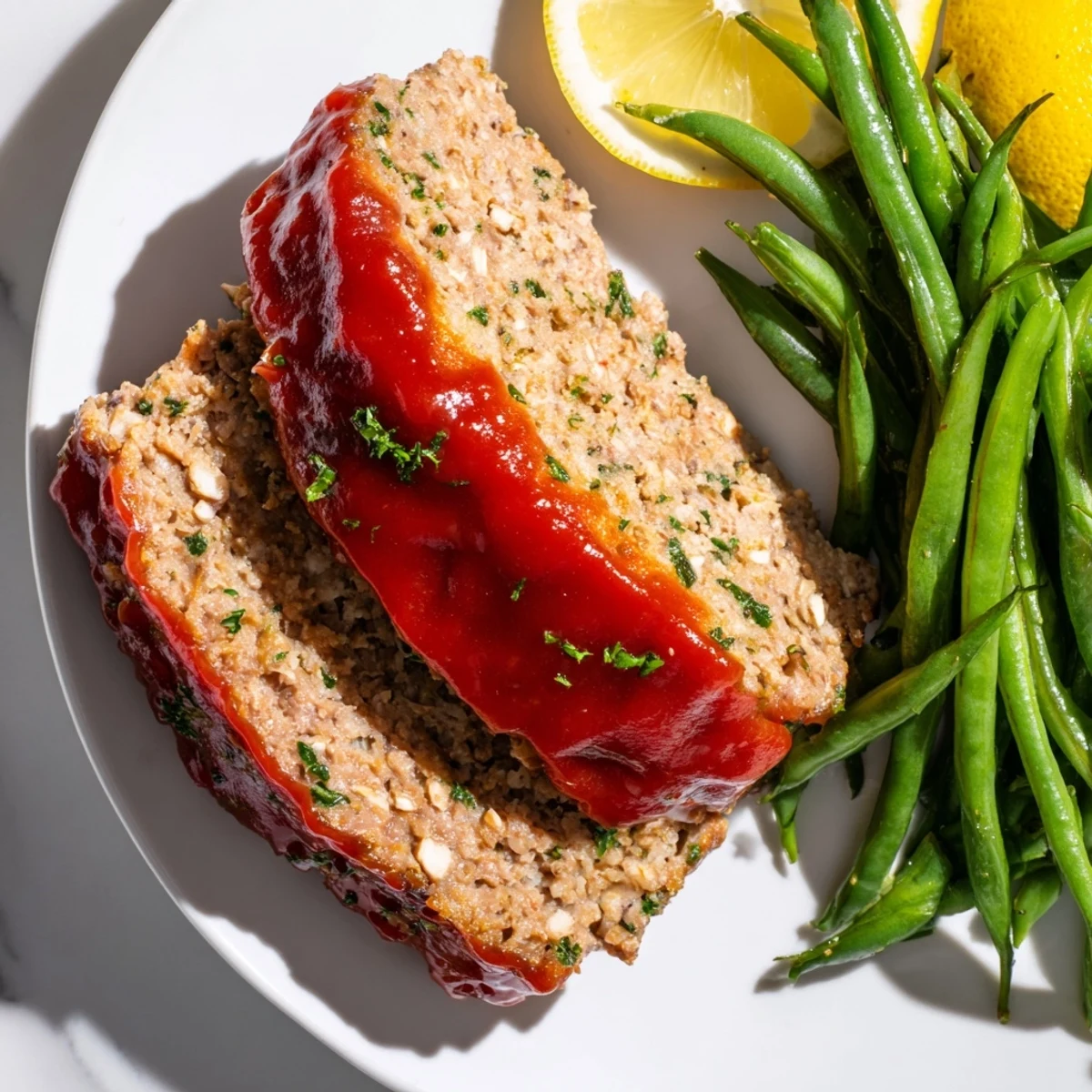 Juicy Turkey Meatloaf with Glaze is sliced open to reveal a moist interior, paired with lemony green beans on a rustic plate.