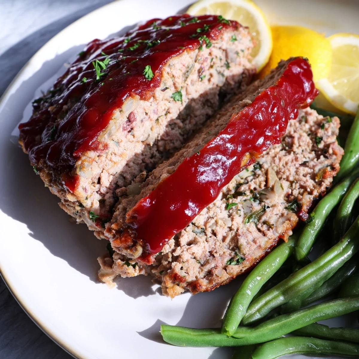 Golden brown Turkey Meatloaf with Glaze rests on a baking sheet with roasted green beans and fresh lemon wedges for serving.