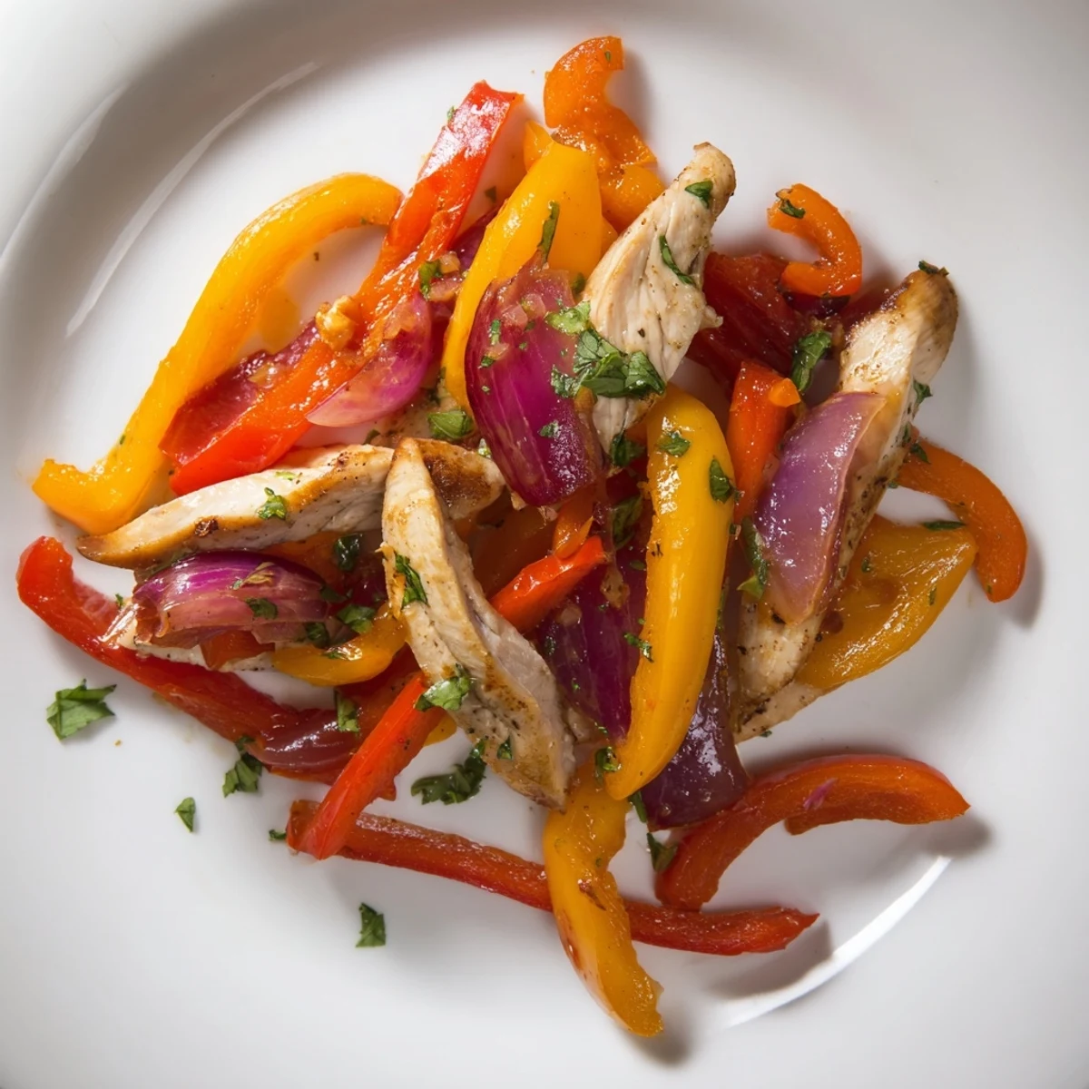Sheet Pan Chicken Fajitas with Onions roasted with colorful peppers on a parchment-lined pan, sizzling and caramelized.