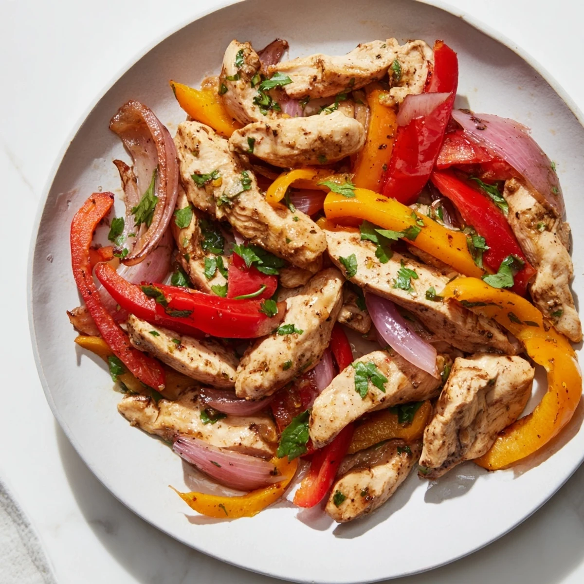 Perfect Sheet Pan Chicken Fajitas with Onions topped with cilantro and lime, served warm with corn tortillas.