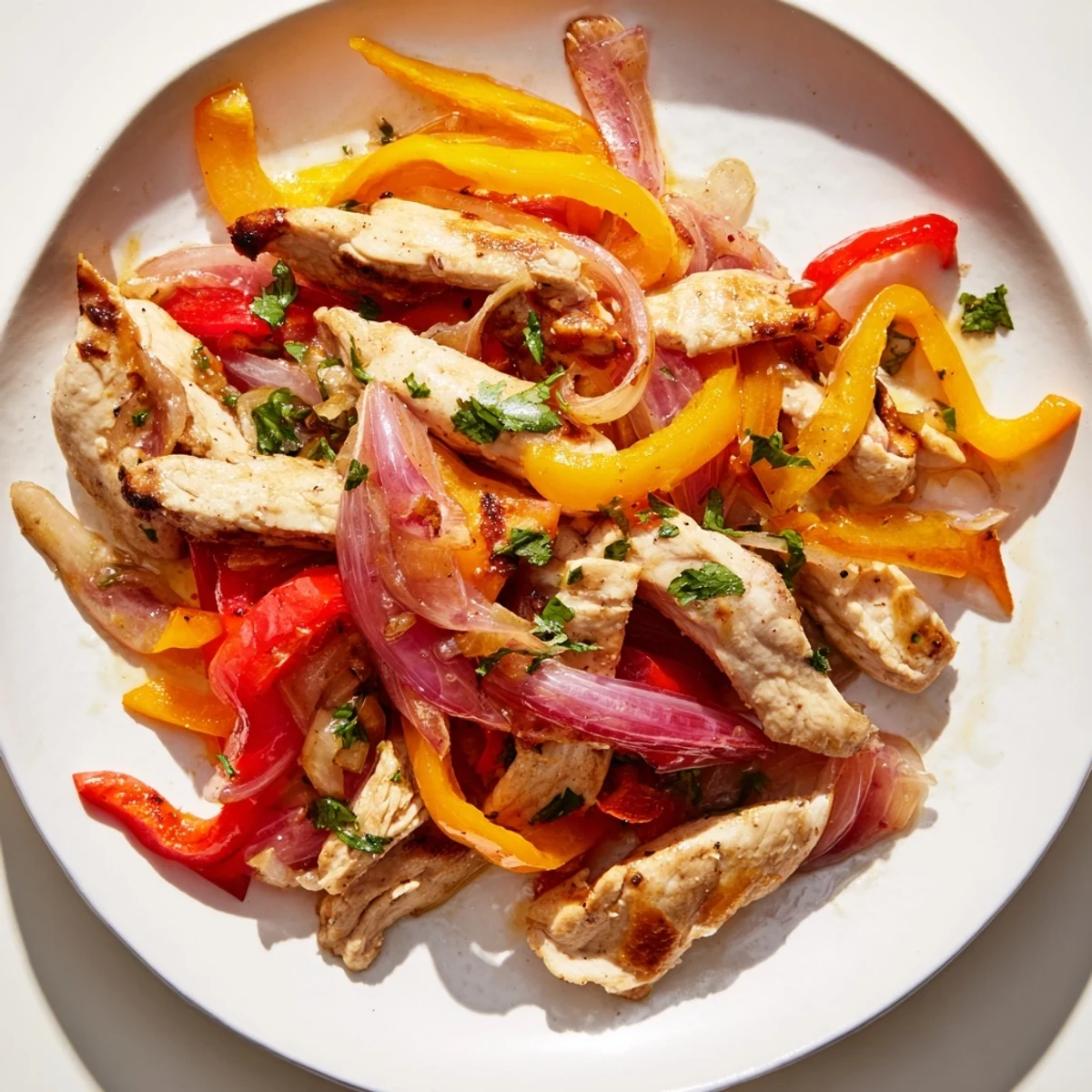 Golden-brown Sheet Pan Chicken Fajitas with Onions and tender veggies fresh from the oven, ready to enjoy.