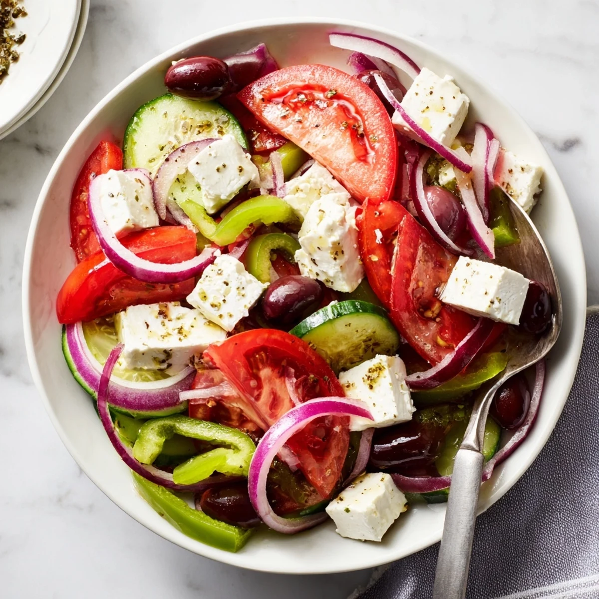 Chunky feta cheese and briny Kalamata Olives top this Greek Salad, paired with red wine vinaigrette and crusty bread.