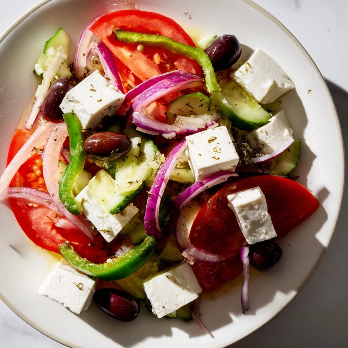 Colorful Mediterranean Greek Salad with Kalamata Olives and Feta, drizzled with olive oil, served as a refreshing summer side.