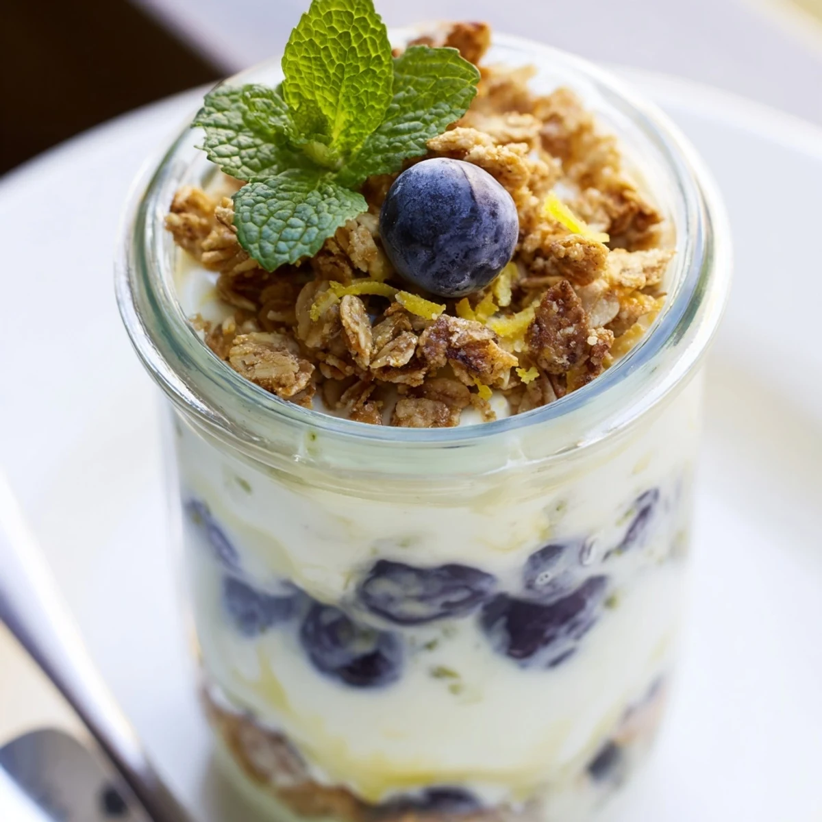 A close-up of a Lemon Blueberry Yogurt Parfait layered in a glass jar with creamy yogurt, fresh blueberries, and crunchy granola.