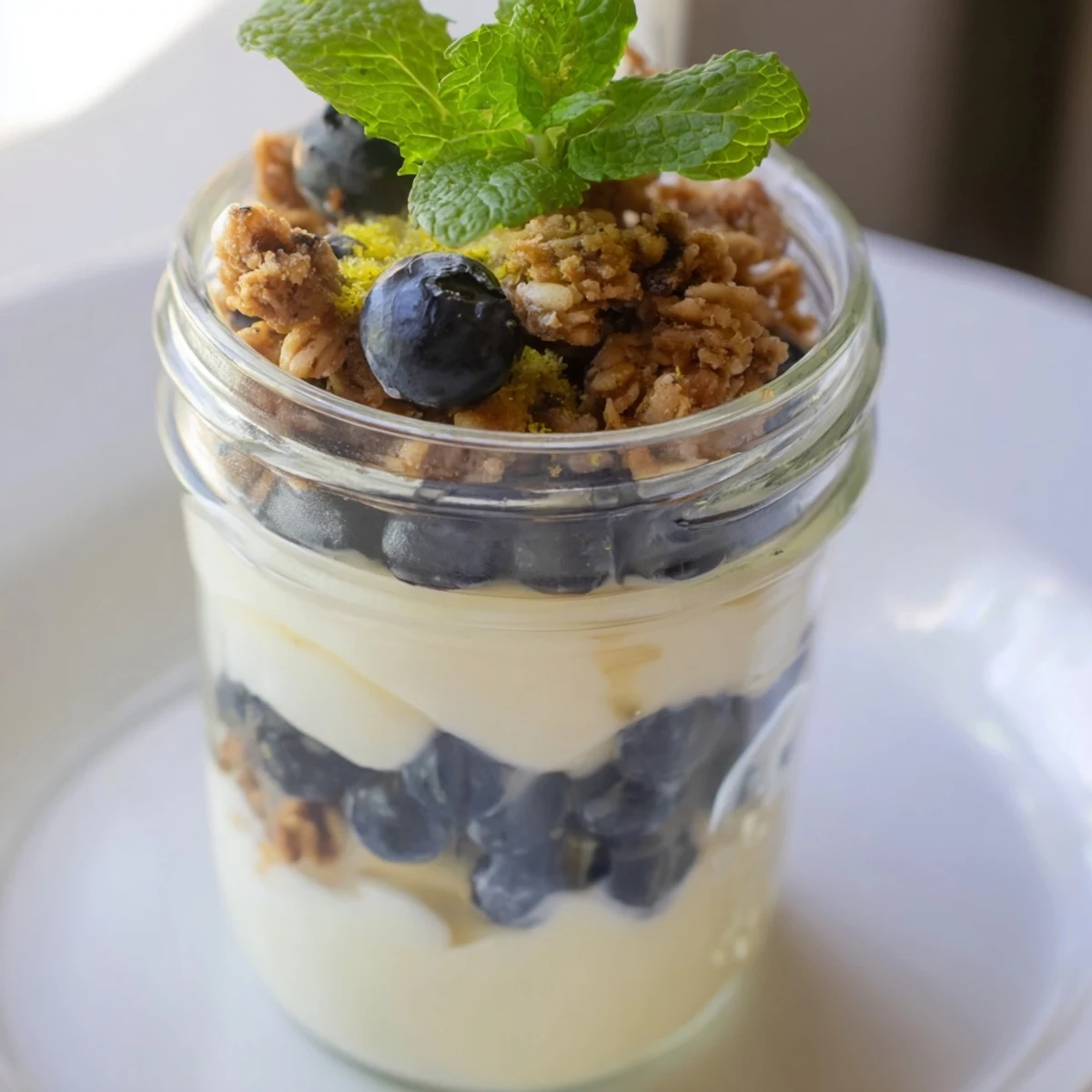 Layered Lemon Blueberry Yogurt Parfait with smooth yogurt, juicy blueberries, and granola, garnished with mint for a refreshing treat.