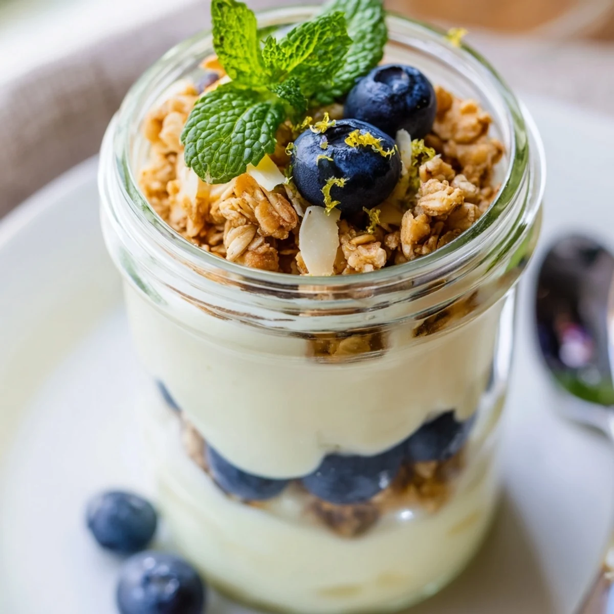 Bright Lemon Blueberry Yogurt Parfait in a tall glass, topped with blueberries and granola, perfect for a healthy breakfast.