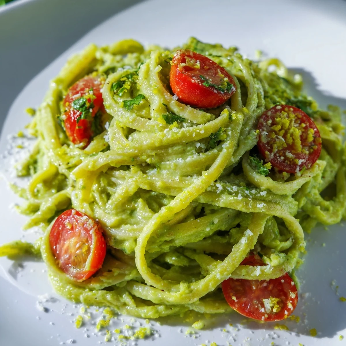 Creamy Avocado Lime Pasta with Cherry Tomatoes served warm in a white bowl with fresh herbs and a lime wedge on the side.