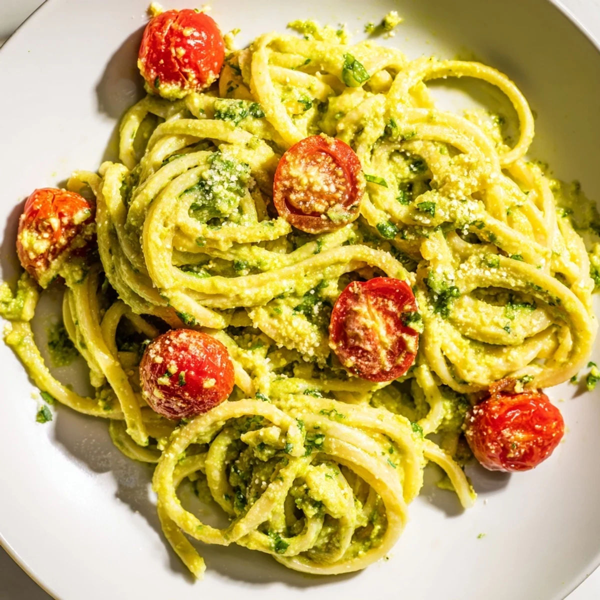 Vibrant green avocado sauce clings to spaghetti noodles, topped with halved cherry tomatoes and a sprinkle of grated Parmesan cheese.