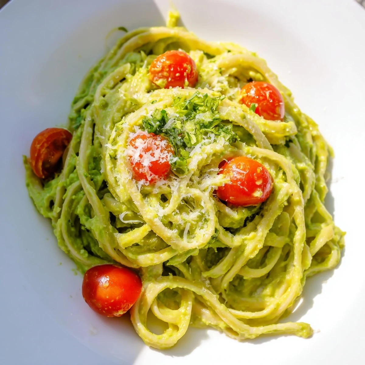 A fork lifts a bite of Creamy Avocado Lime Pasta with Cherry Tomatoes, showcasing silky texture and fresh, zesty ingredients.
