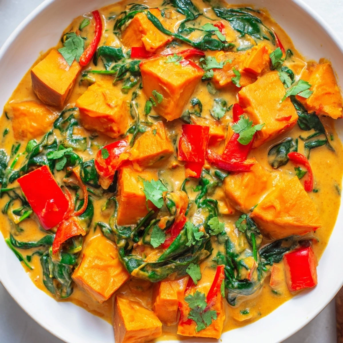 Creamy vegan sweet potato curry with fresh spinach served over fluffy basmati rice.