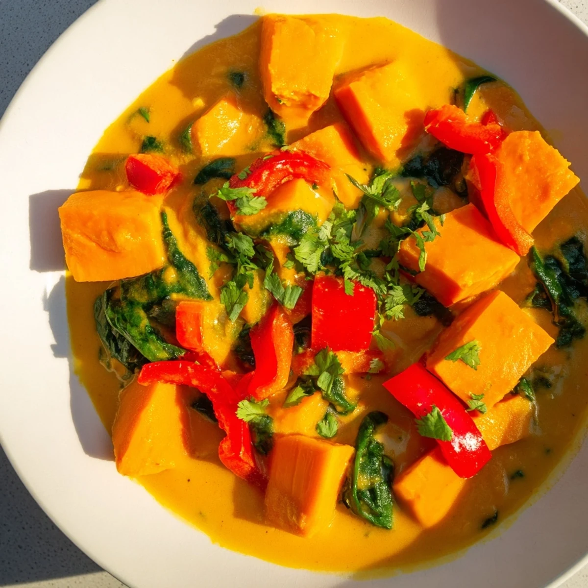 Hearty vegan sweet potato curry simmering in a pot with vibrant red bell pepper and coconut milk.