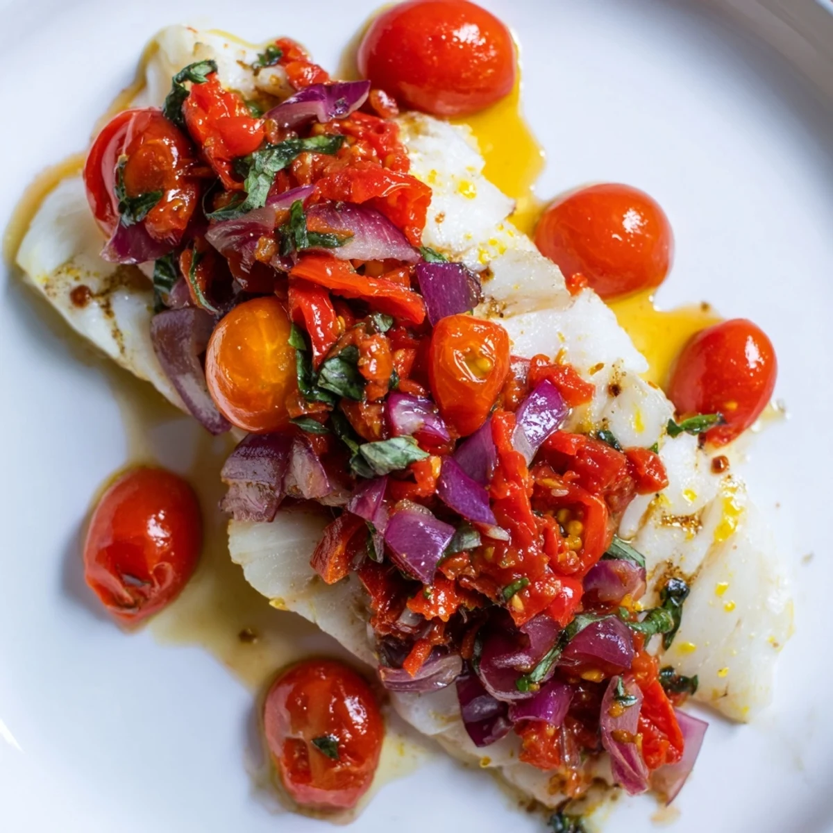 Tender, flaky Baked Halibut fillets topped with a bright tomato and basil relish, garnished with fresh basil leaves.