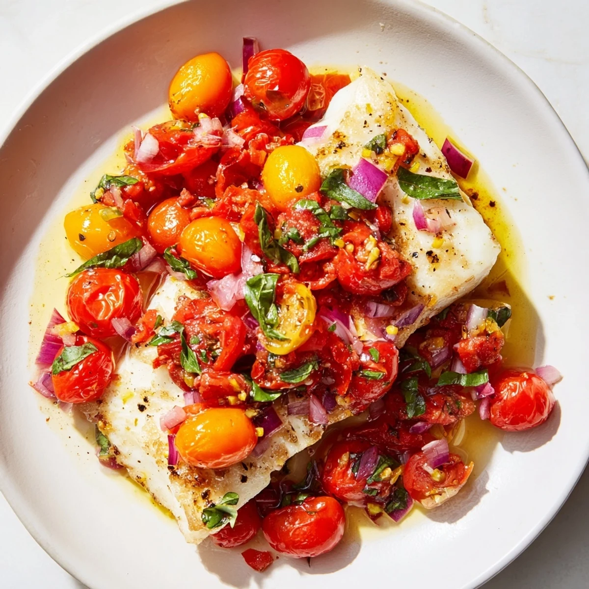 A close-up of Baked Halibut with Tomato and Basil Relish, its glistening fillets flaking easily beside a lemon wedge.
