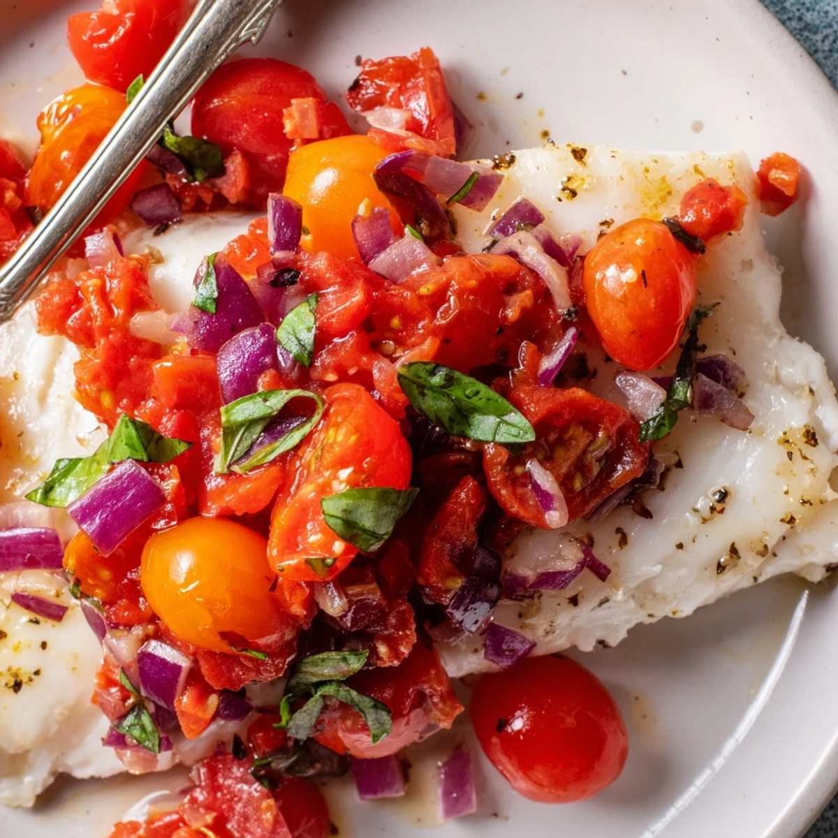 Plated Baked Halibut with Tomato and Basil Relish, served alongside roasted potatoes and steamed asparagus for a summery dinner.