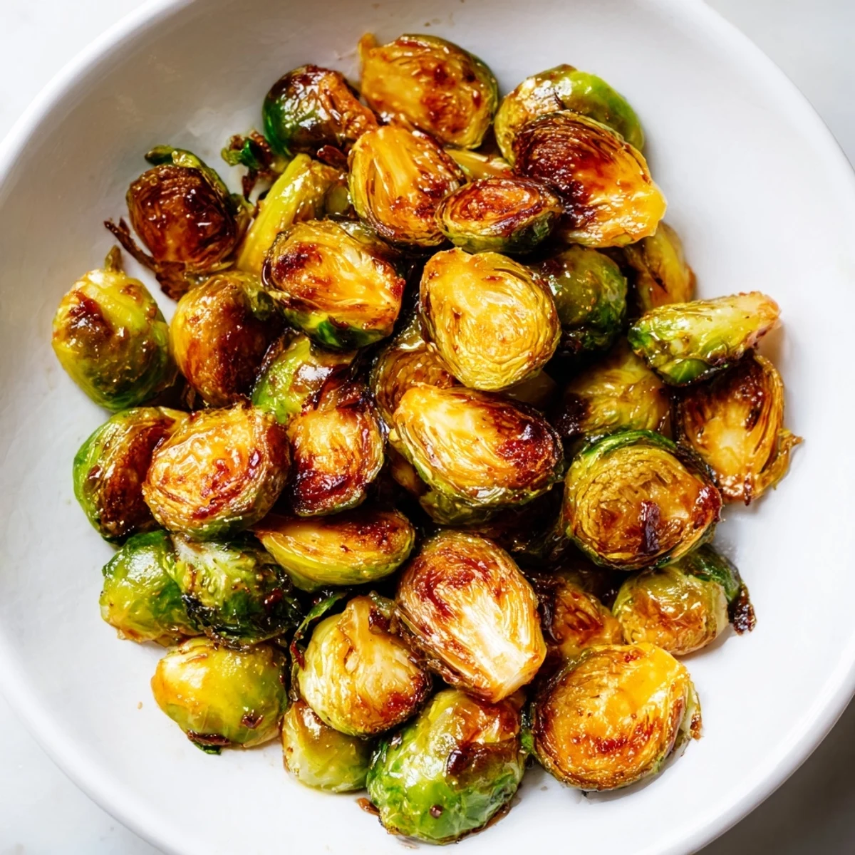 Crispy roasted Brussels sprouts with balsamic glaze shine on a white platter, glistening and lightly charred, ready to serve.
