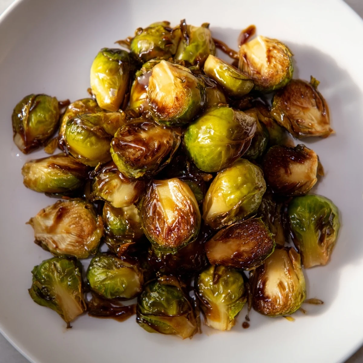 Golden-brown roasted Brussels sprouts drizzled with sticky balsamic glaze, garnished with cracked pepper, on a rustic wooden serving board.