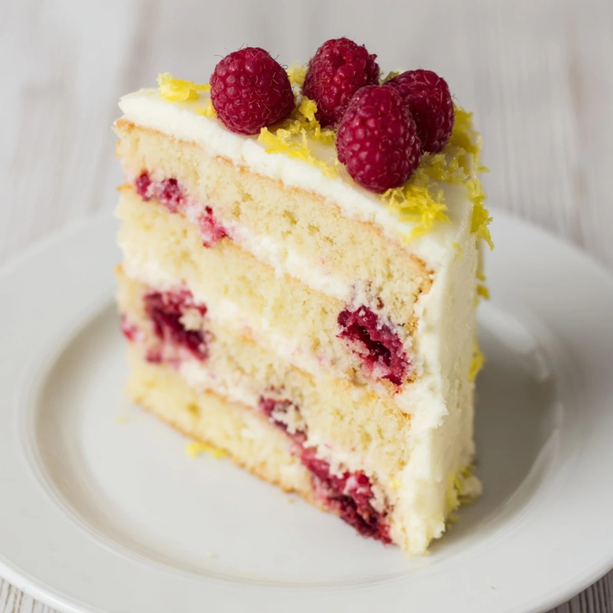 Fresh raspberries and lemon zest garnish the creamy frosting on a Lemon Raspberry Layer Cake with Frosting.