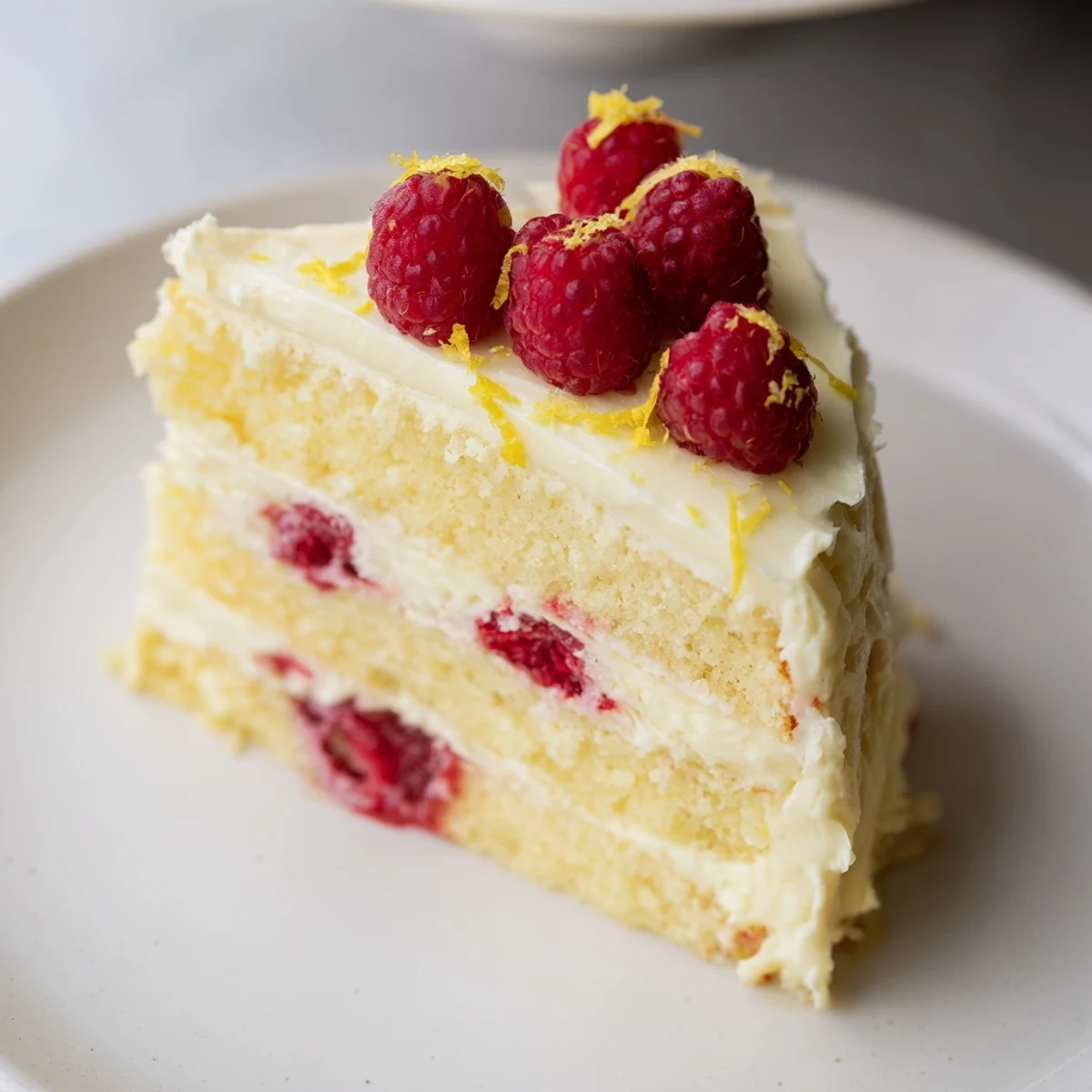 Close-up of a tall Lemon Raspberry Layer Cake with Frosting, showing fluffy layers and fresh raspberries on top.