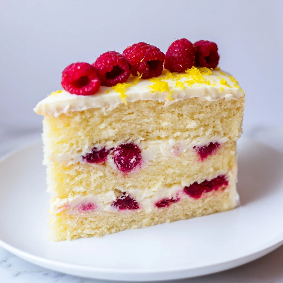Slice of Lemon Raspberry Layer Cake with Frosting being served, revealing bright berry filling and tender crumb.