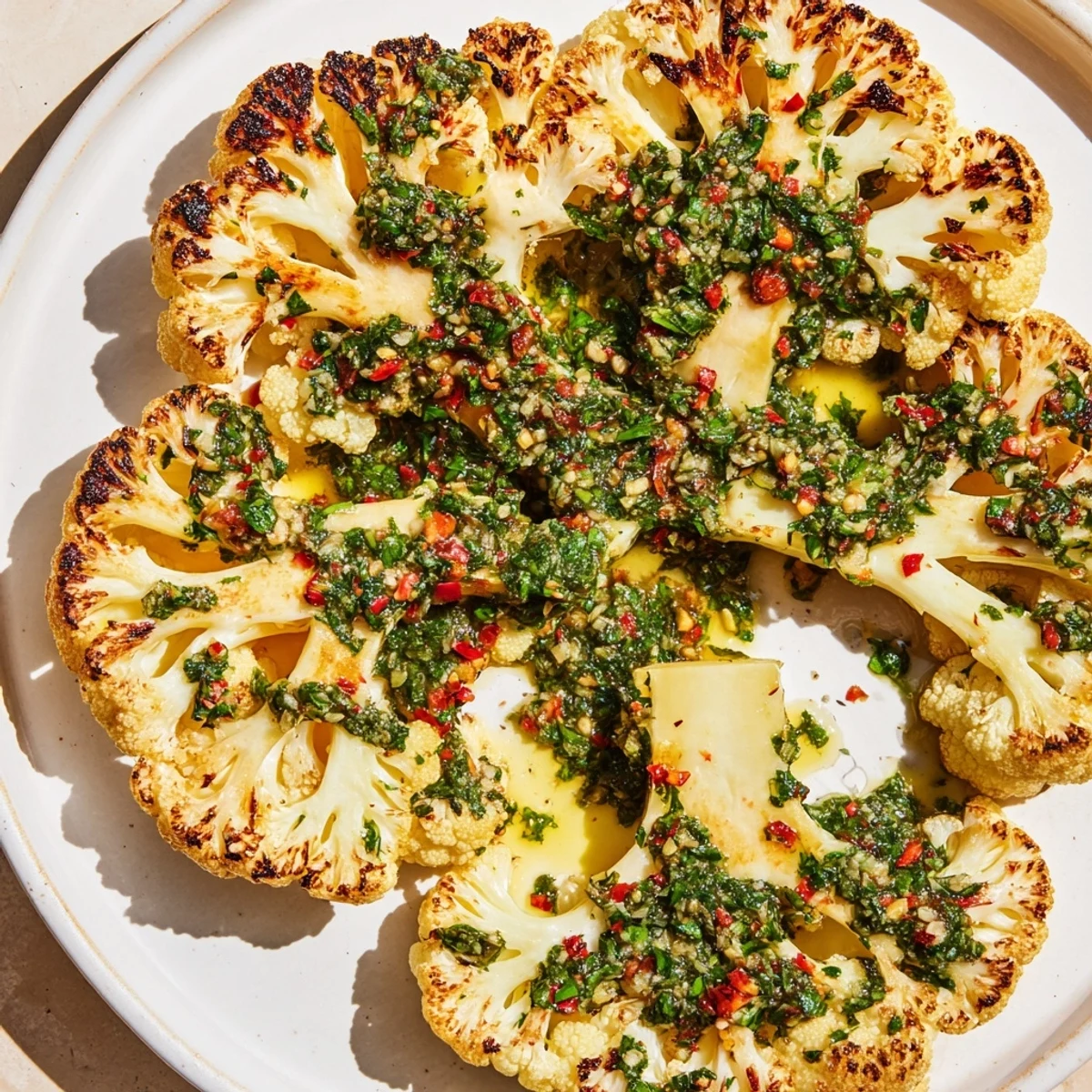 Thick, golden-brown Roasted Cauliflower Steaks with Chimichurri sauce spooned over the top, fresh herbs glistening.