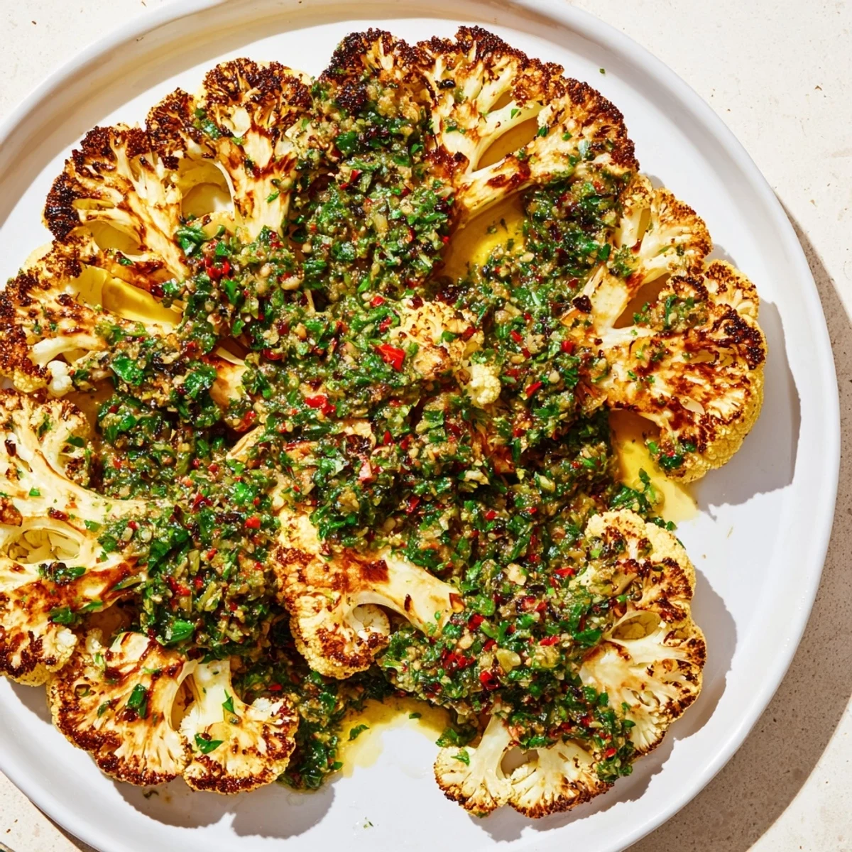 Roasted Cauliflower Steaks with Chimichurri garnished with fresh parsley, vibrant green sauce pooling on a rustic platter.
