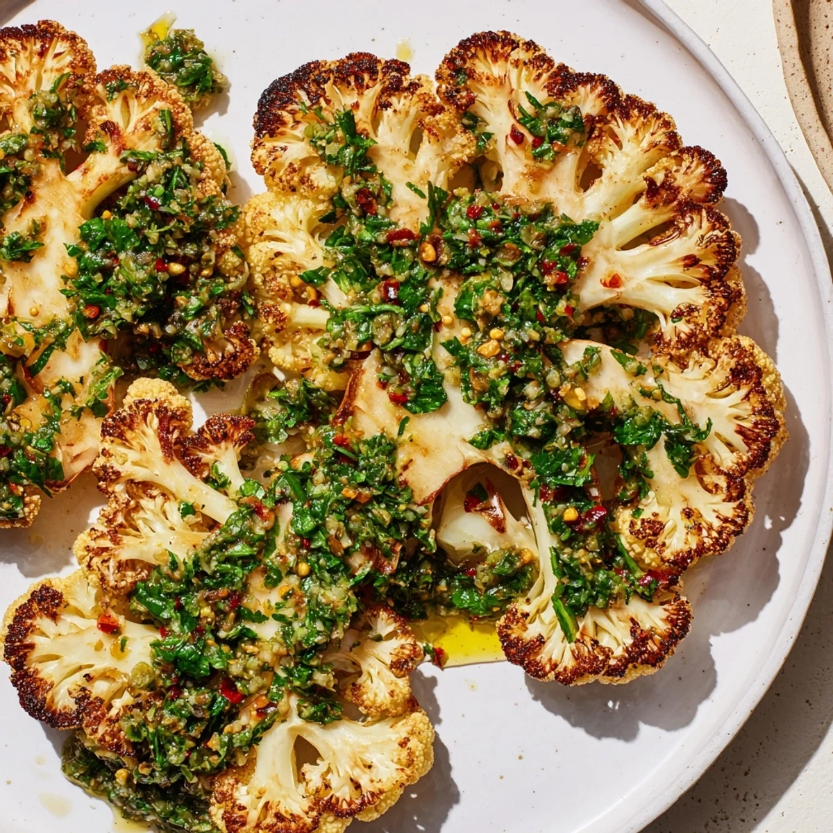 Golden, crispy-edged Roasted Cauliflower Steaks with Chimichurri plated beside quinoa for a hearty vegetarian dinner.