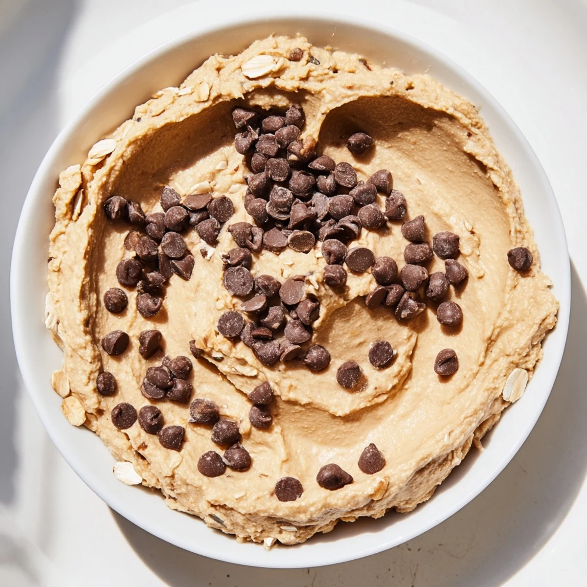 Smooth, nutty dessert hummus topped with mini chocolate chips, ready to enjoy with graham crackers.  