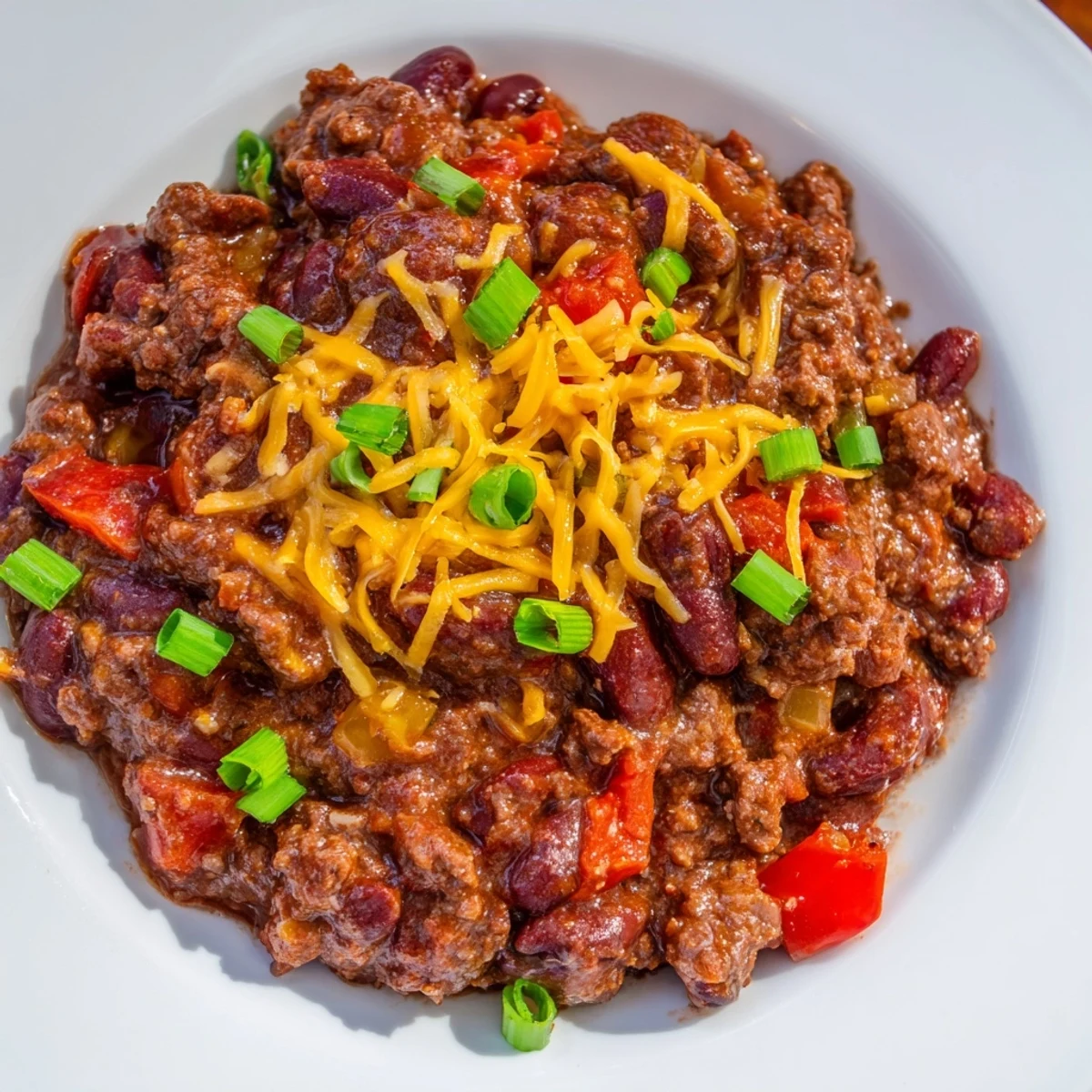 A steaming bowl of hearty Beef and Bean Chili with Cheddar Cheese, rich with tender beef and beans, topped with melty cheddar.  