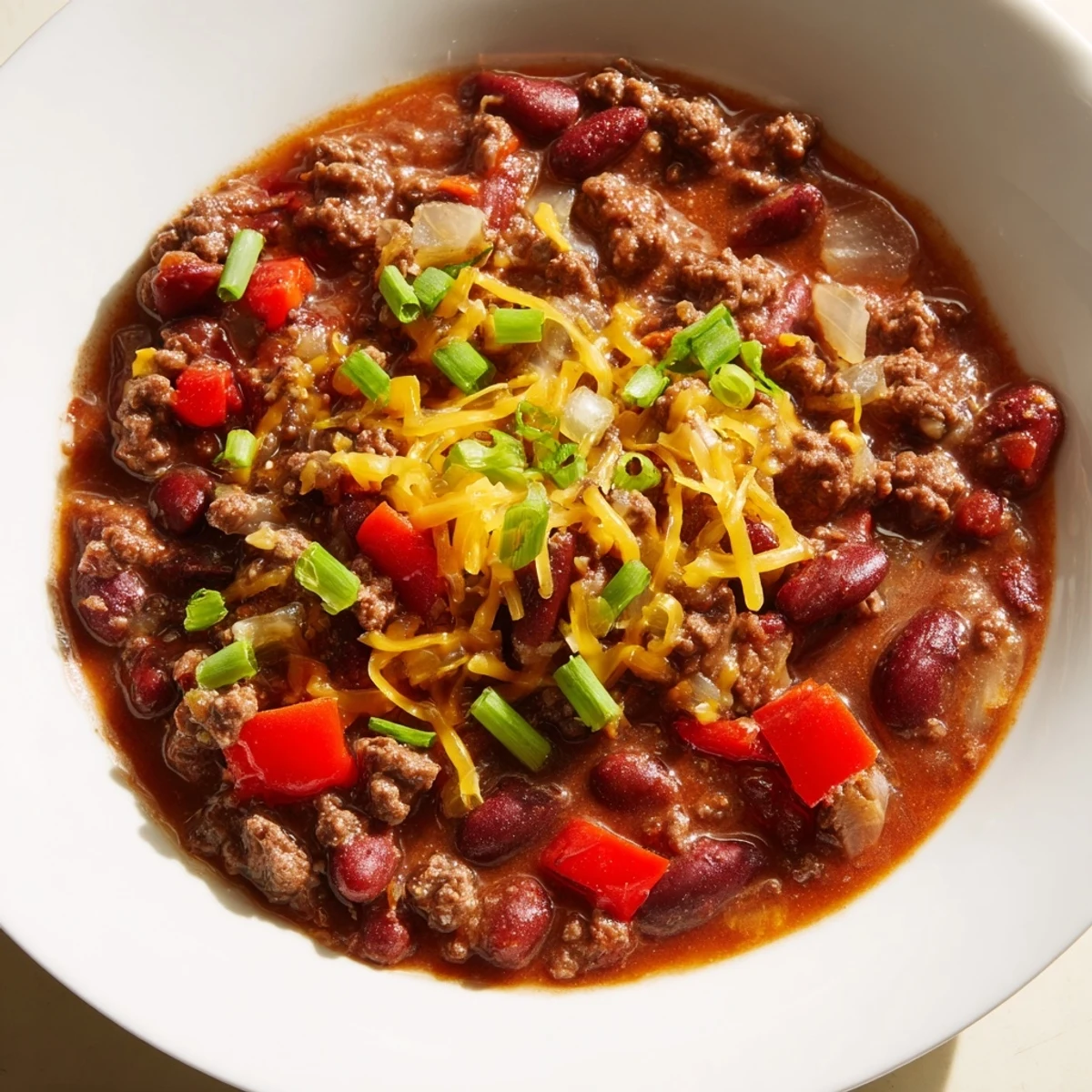A close-up of rich Beef and Bean Chili with Cheddar Cheese, featuring tender beef chunks and a sprinkle of shredded cheddar on top.