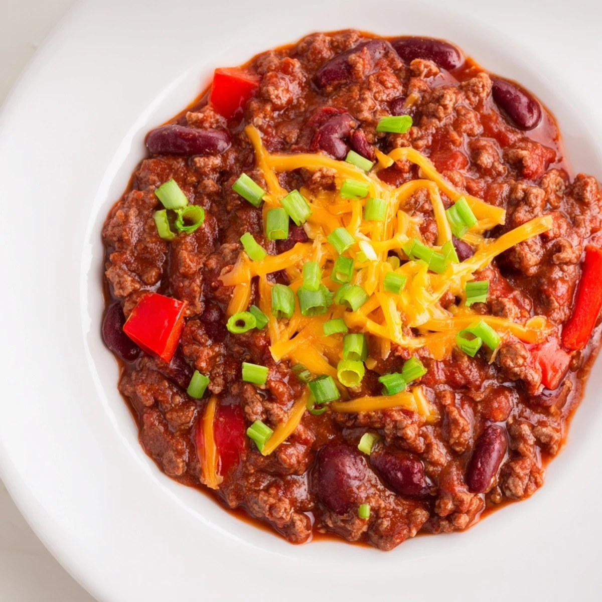 Hearty Beef and Bean Chili with Cheddar Cheese in a rustic bowl, garnished with green onions and ready to serve with cornbread.  