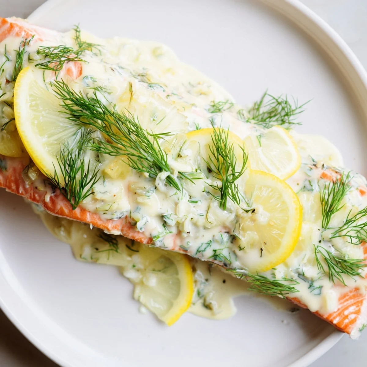 Golden brown Baked Salmon with Dill and Lemon Sauce garnished with fresh herbs and lemon slices on a ceramic platter.