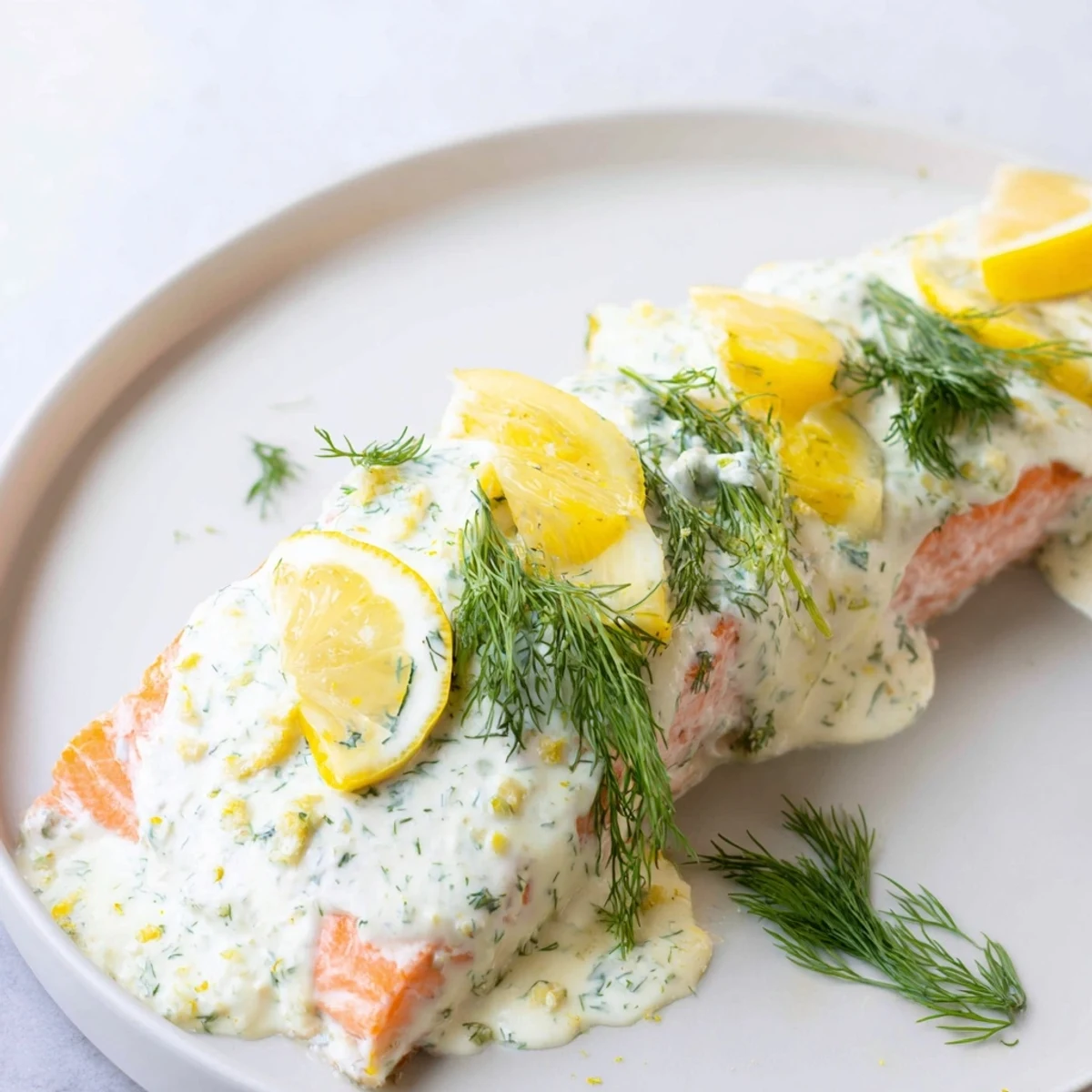 A perfectly cooked fillet of Baked Salmon with Dill and Lemon Sauce, topped with a creamy white sauce, served alongside roasted potatoes.