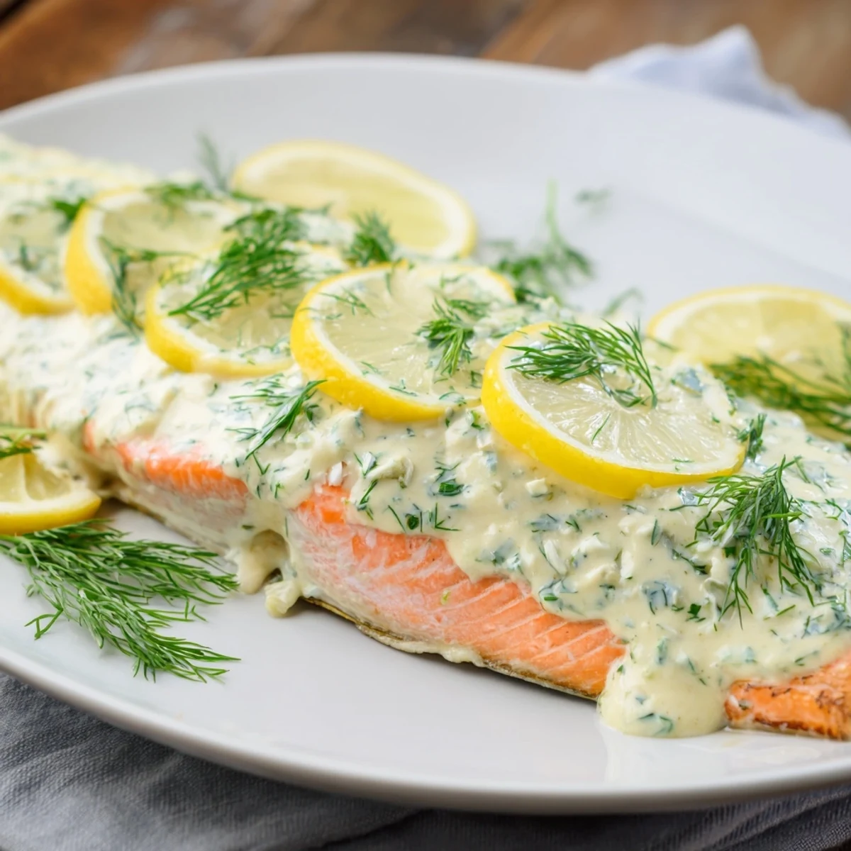 Fresh out of the oven Baked Salmon with Dill and Lemon Sauce on a baking sheet, drizzled with tangy sauce and bright lemon zest.