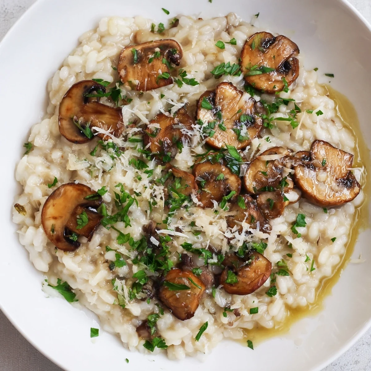 Golden, sautéed mushrooms rest in a white bowl, with a spoon drizzling aromatic truffle oil over the risotto.  