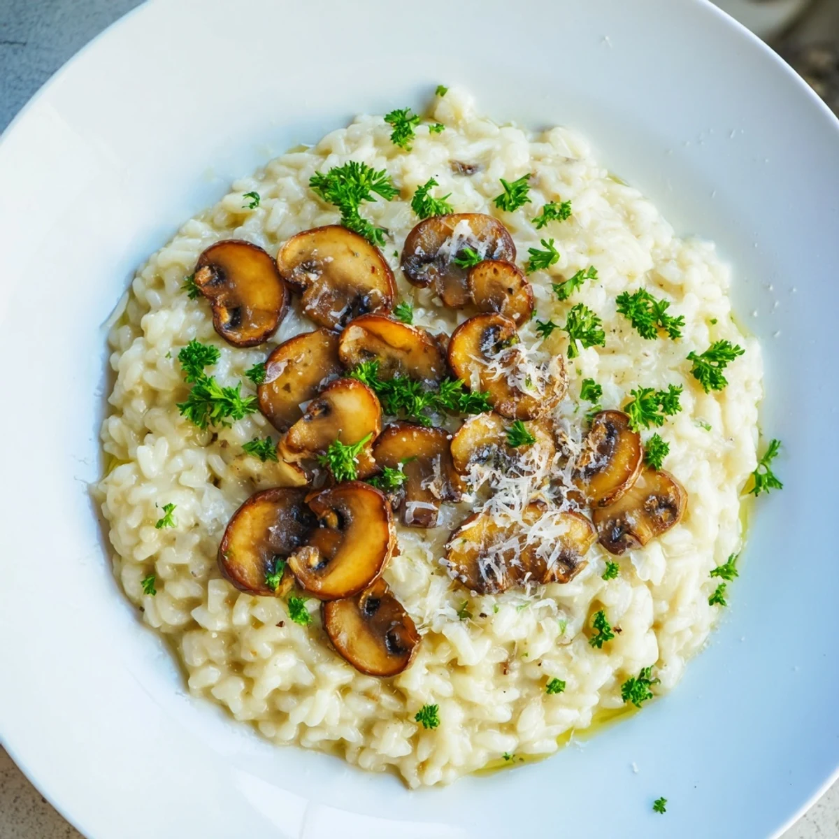 An elegant serving of mushroom risotto with truffle oil, paired with a crisp white wine on a rustic table.