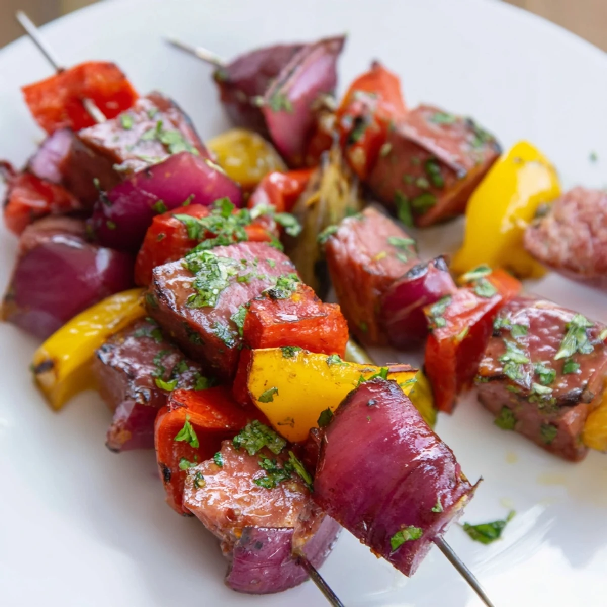 Grilled Beef Sausage Skewers with Peppers served over rice, perfect for an easy weeknight dinner.