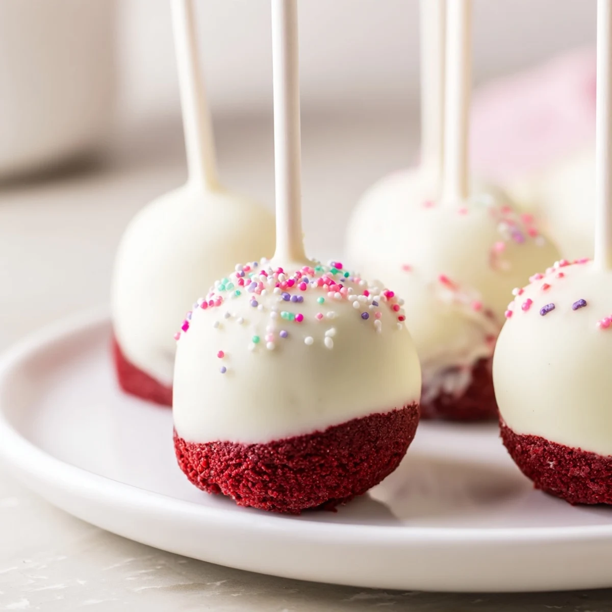 Freshly dipped Red Velvet Cake Pops displayed on a white surface with sprinkles.