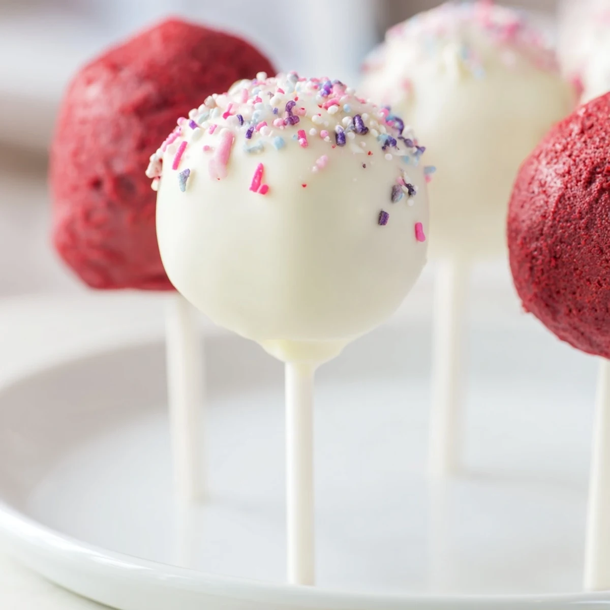 Moist red velvet cake balls coated in smooth white chocolate, perfect for parties.