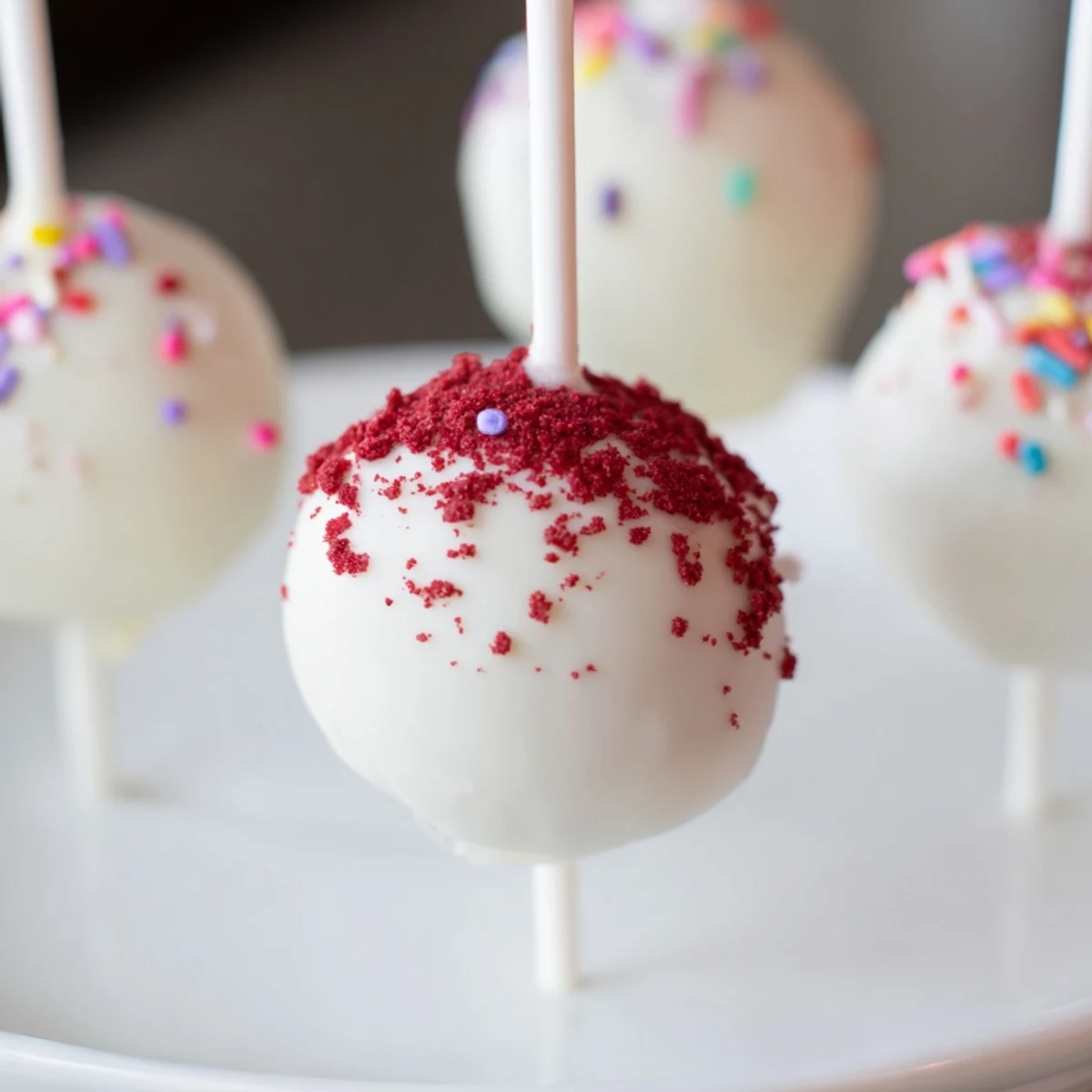 These bite-sized Red Velvet Cake Pops have a creamy cream cheese frosting core.
