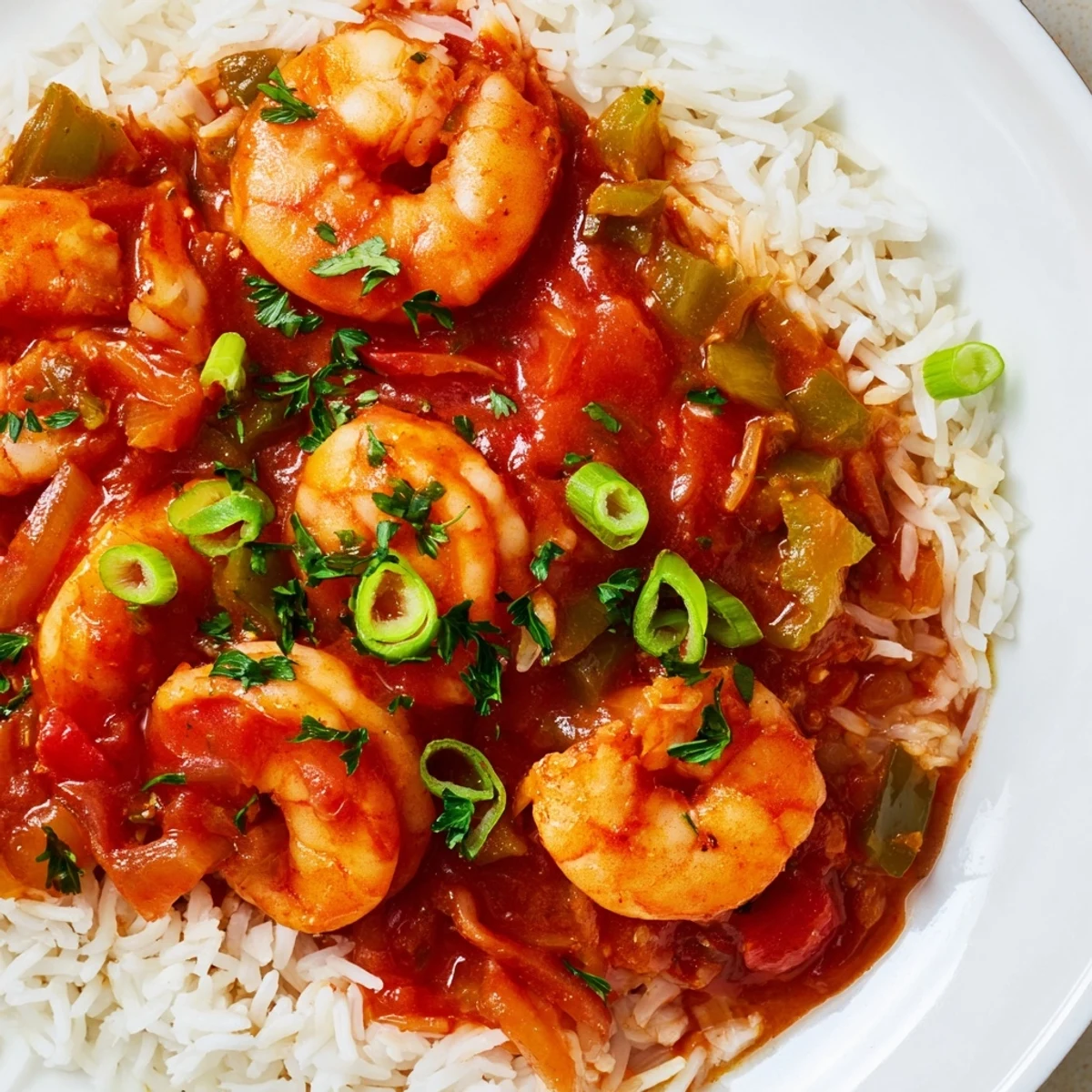 A close-up of Shrimp Creole with white rice, featuring plump shrimp in a vibrant red Creole sauce garnished with parsley.  