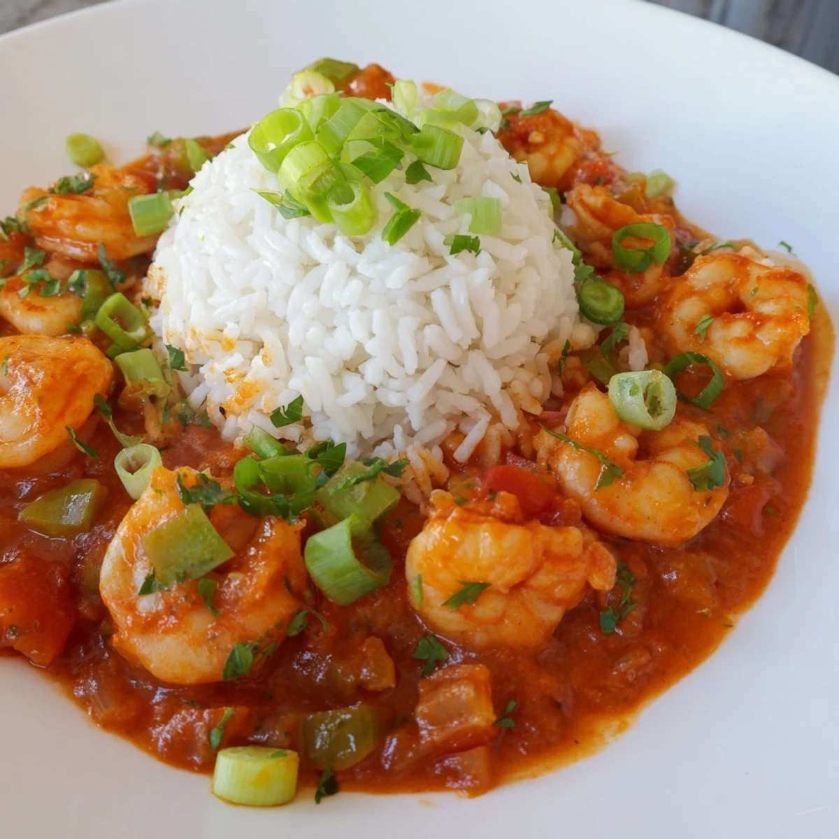 Savory Shrimp Creole served over fluffy white rice, with tender shrimp simmered in a spicy, tomato-based Creole sauce.  