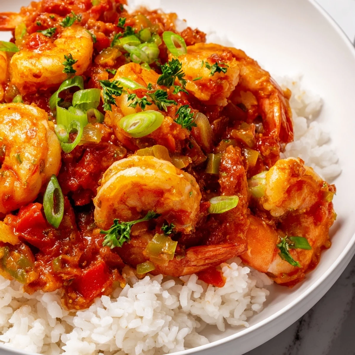 A comforting bowl of Shrimp Creole and white rice, garnished with green onions and parsley for a fresh finish.