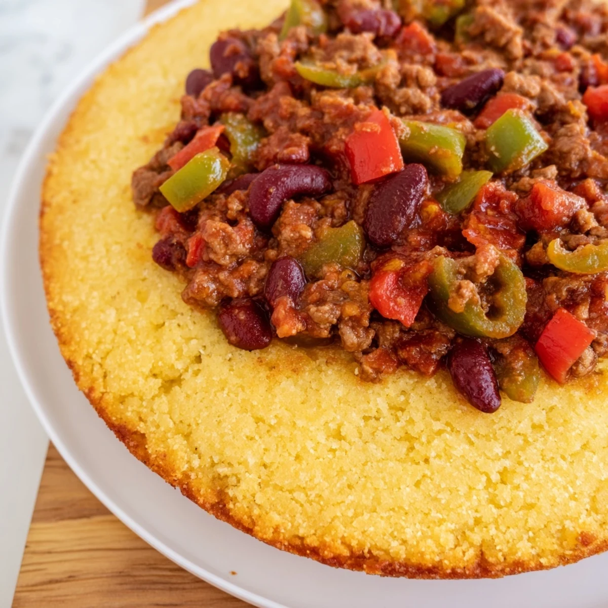A serving of Beef Chili with Cornbread Topping, garnished with fresh cilantro and a dollop of sour cream.