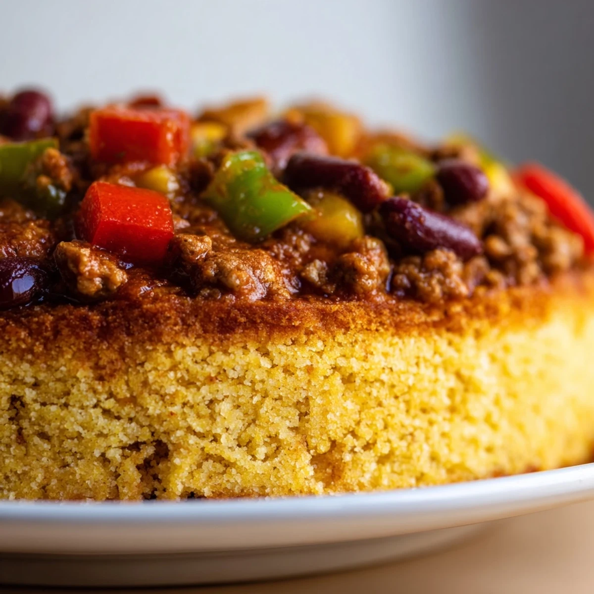 Close-up of a hearty Beef Chili with Cornbread Topping, featuring rich ground beef and beans beneath a golden crust.