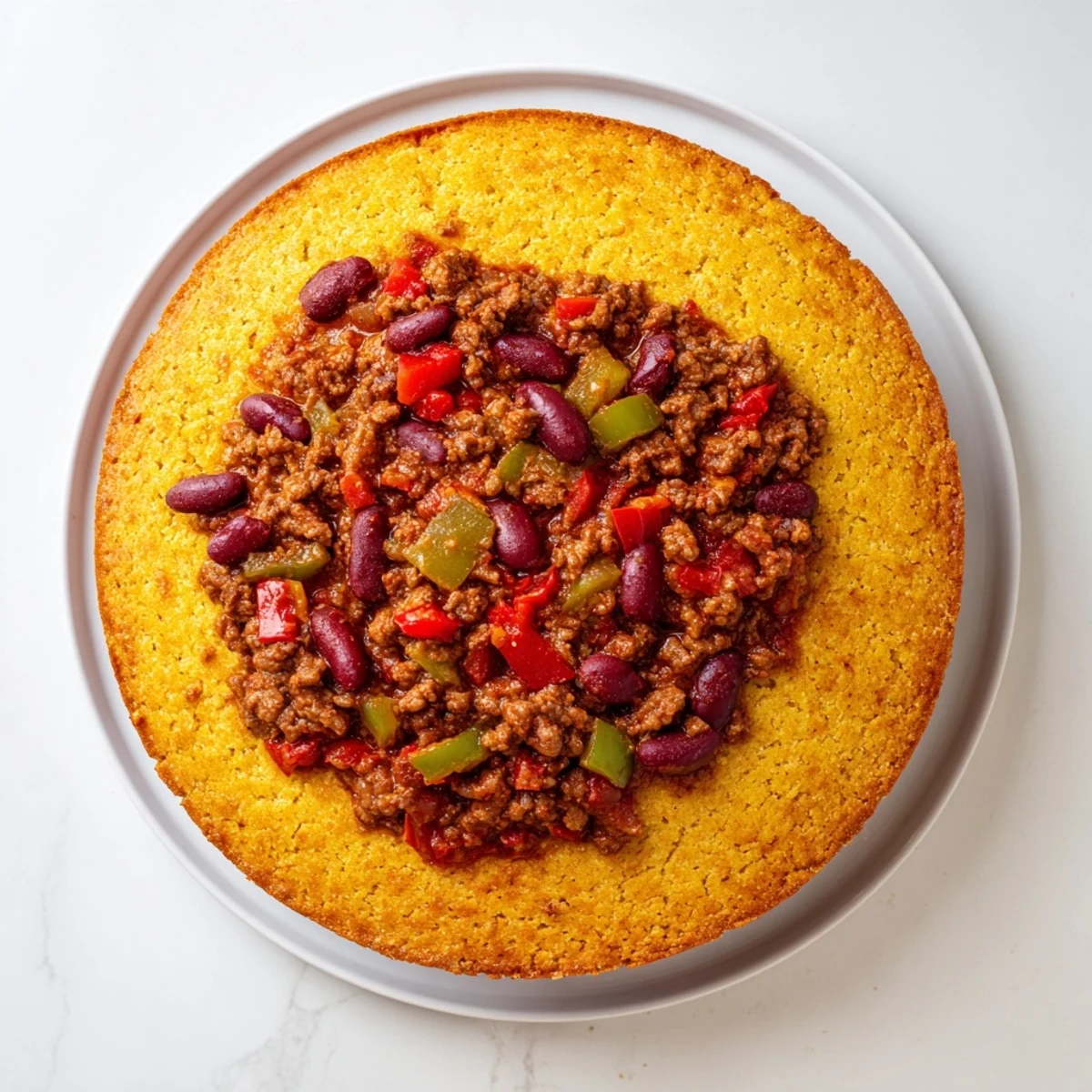 A rustic skillet of bubbling Beef Chili with Cornbread Topping, just out of the oven with a perfectly baked top.