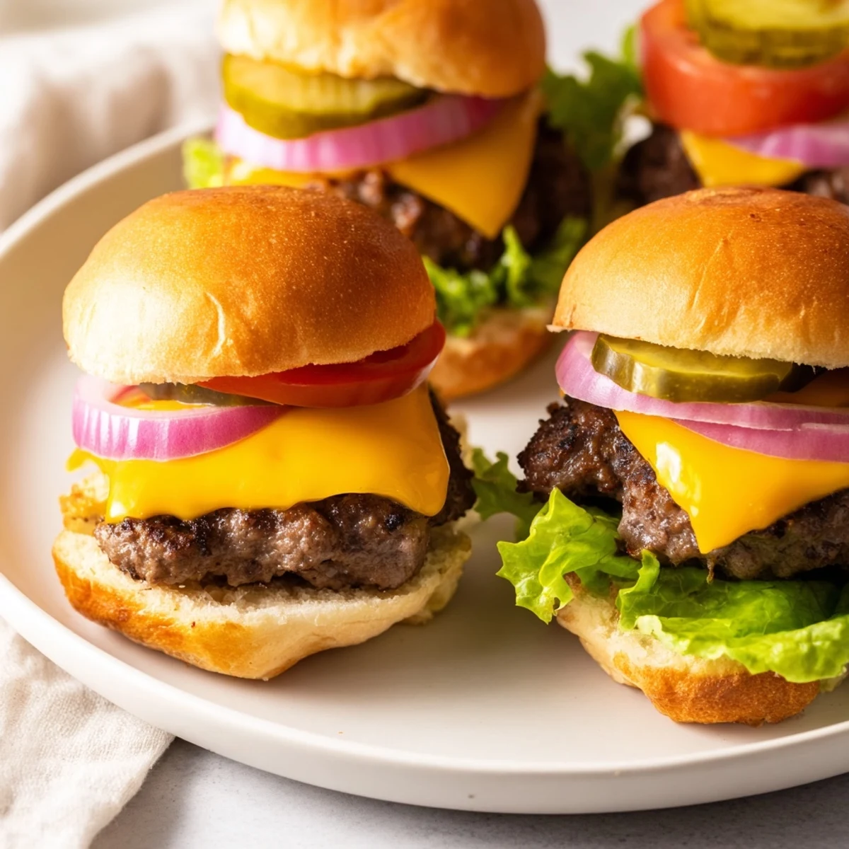 Tasty mini burgers featuring melted cheddar, crisp vegetables, and soft slider buns, perfect for an American-style party platter.