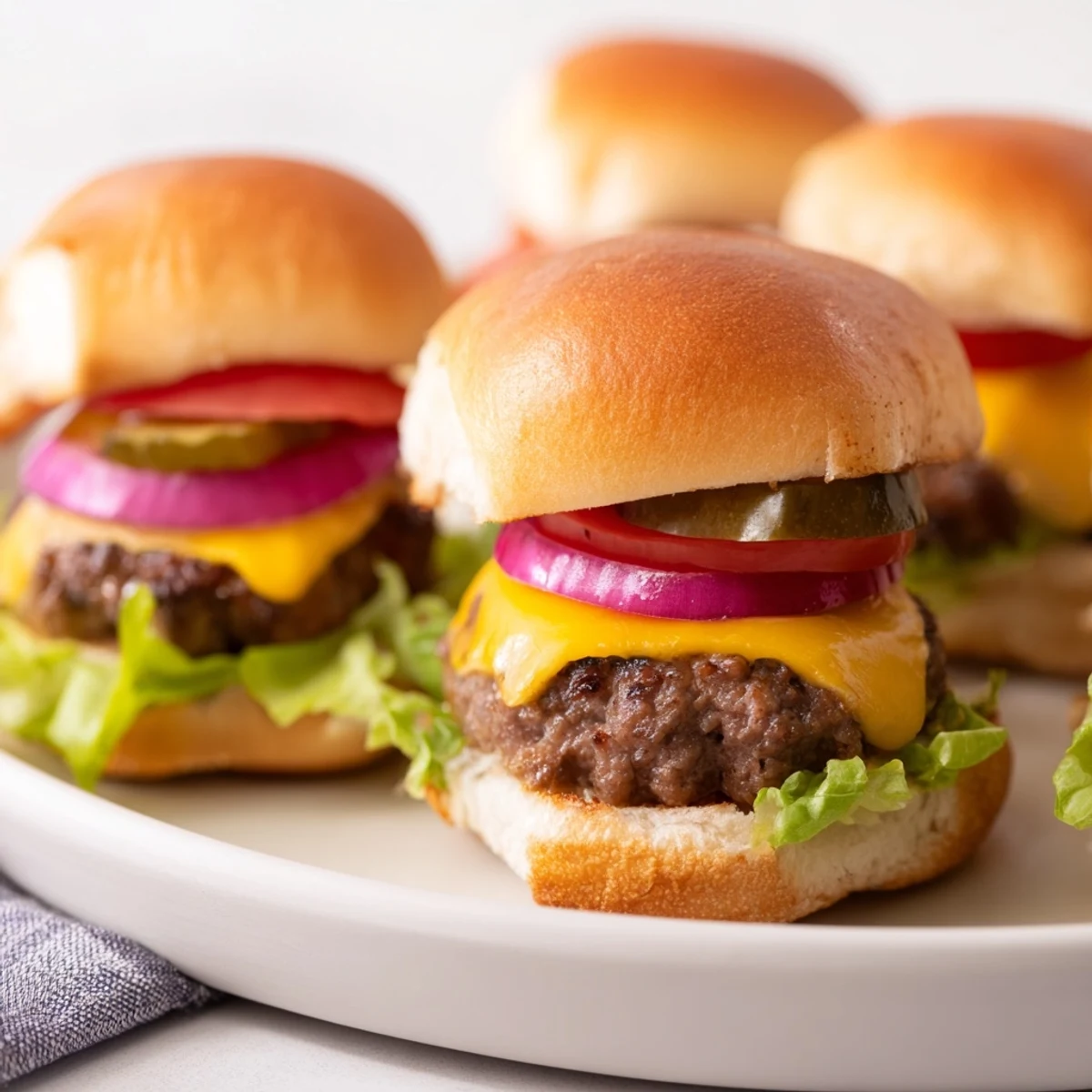 Mouthwatering beef sliders with cheddar cheese, topped with tangy condiments and fresh toppings for a classic family-friendly meal.