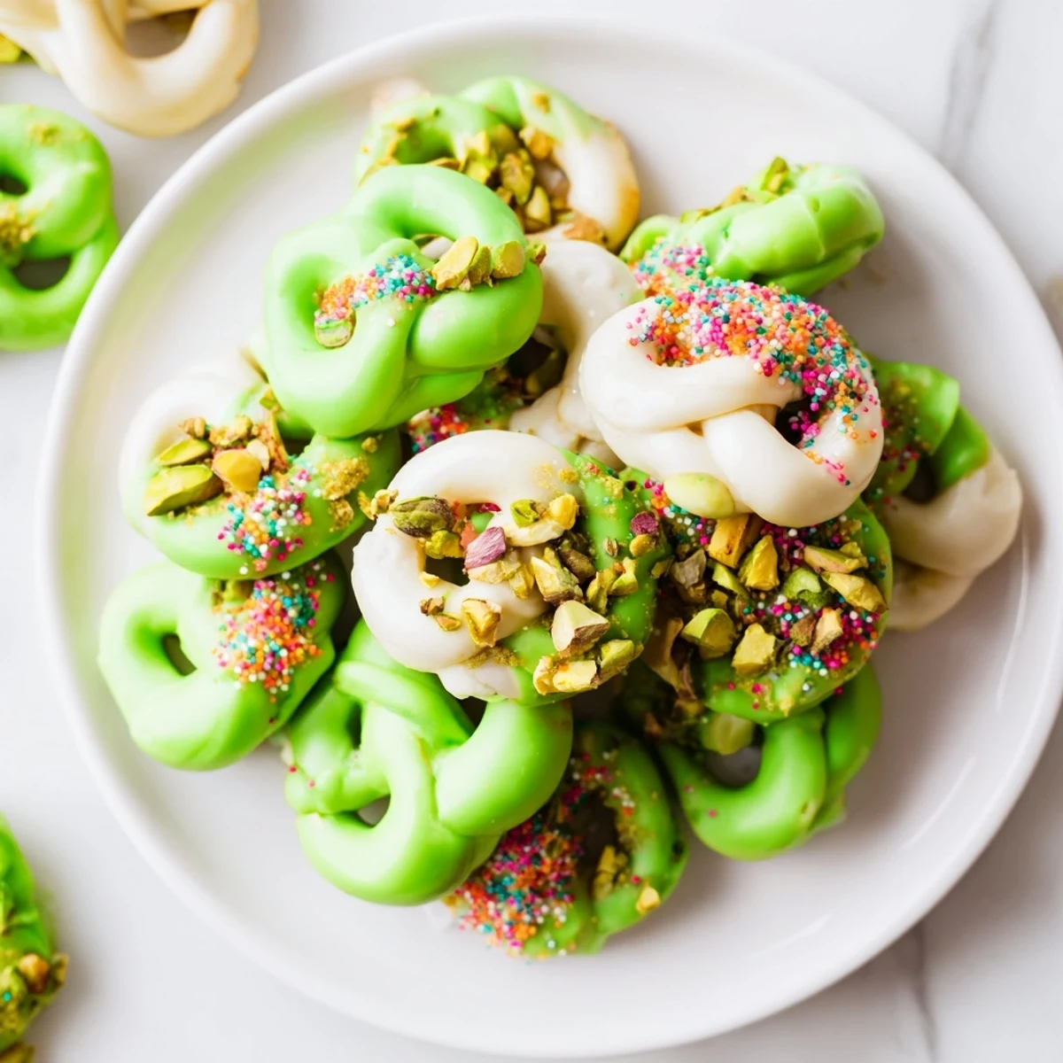 Sweet and salty green chocolate pretzel treats displayed on a white plate for snacking.